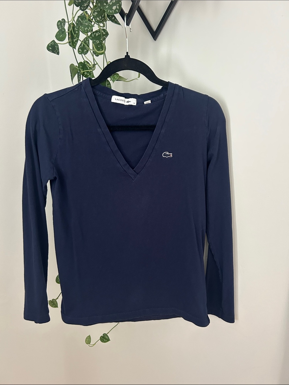 Lacoste Navy V-Neck Long Sleeve Tee with Crocodile Logo